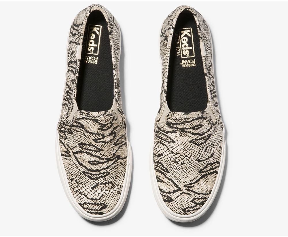 Womens Keds Slip Ons - Double Decker Animal - White/Black - 4578-WKLXO